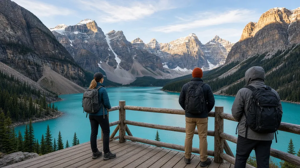 Travellers at a viewpoint over a turquoise Rocky Mountain lake