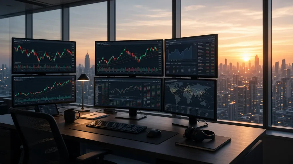A multi-monitor trading desk with a city skyline at sunrise