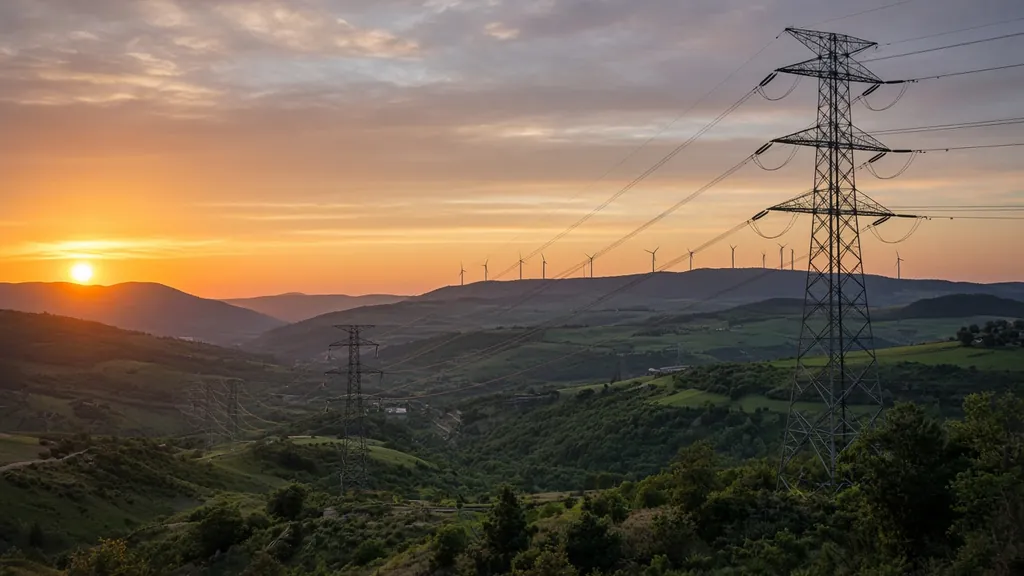 Transmission towers and wind turbines across a valley at sunset