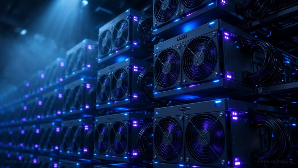 Digital-asset mining hardware with blue status lights