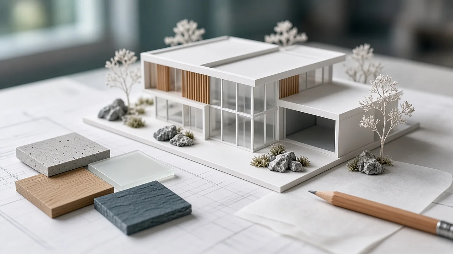 Scale model of a timber-and-glass house beside concrete, oak, glass and slate material samples