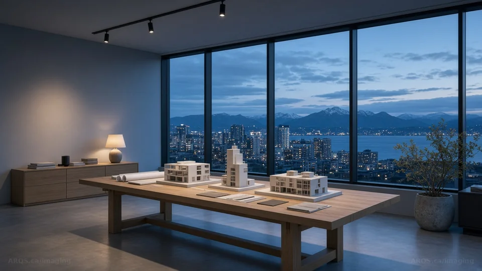 Architecture studio with scale models and a harbour skyline