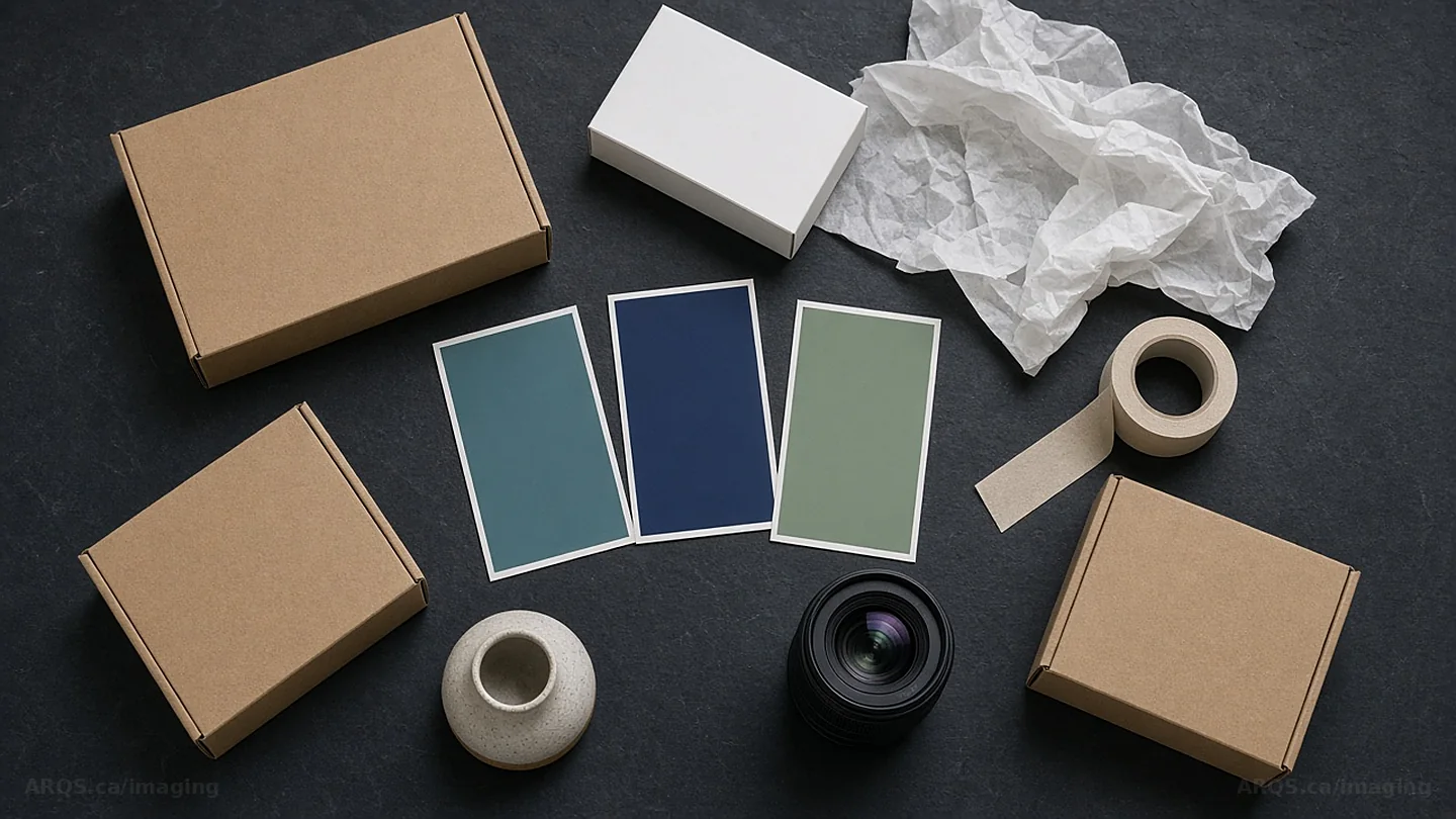 Flat-lay of plain shipping boxes, colour swatch cards, tissue paper, a ceramic piece and a camera lens