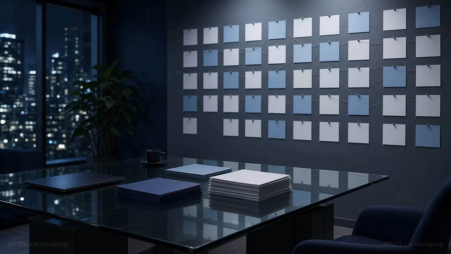 Night project room with stacked folders on a glass table and a wall of blank index cards linked by string