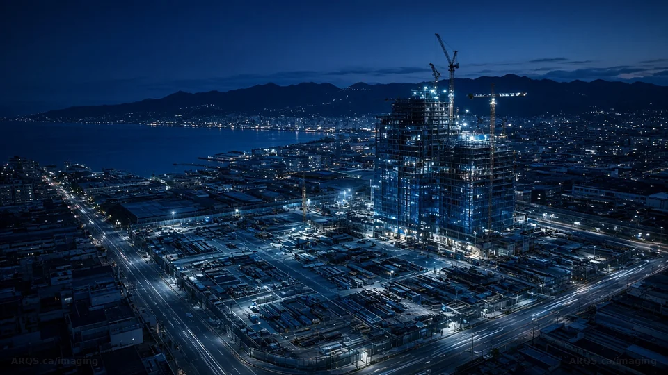 Construction project and city lights at blue hour
