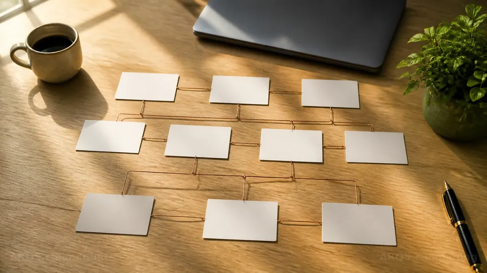 Blank index cards laid out as a flowchart and joined by copper thread on a pale oak table in warm window light, with a laptop, a fountain pen, a coffee cup and a plant