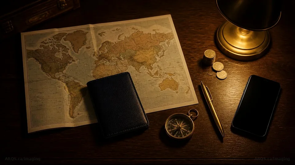 A folded world map, a navy leather passport wallet, a brass compass, a gold pen, coins and a phone on a walnut desk under warm lamp light