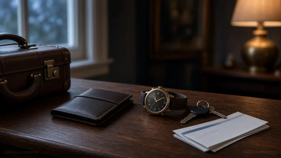 A leather case, passport wallet, brass wristwatch, car keys and a folded boarding pass on a walnut hall table at dawn
