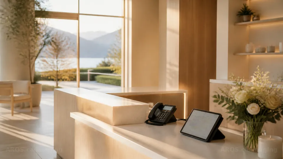 A sunlit clinic reception counter