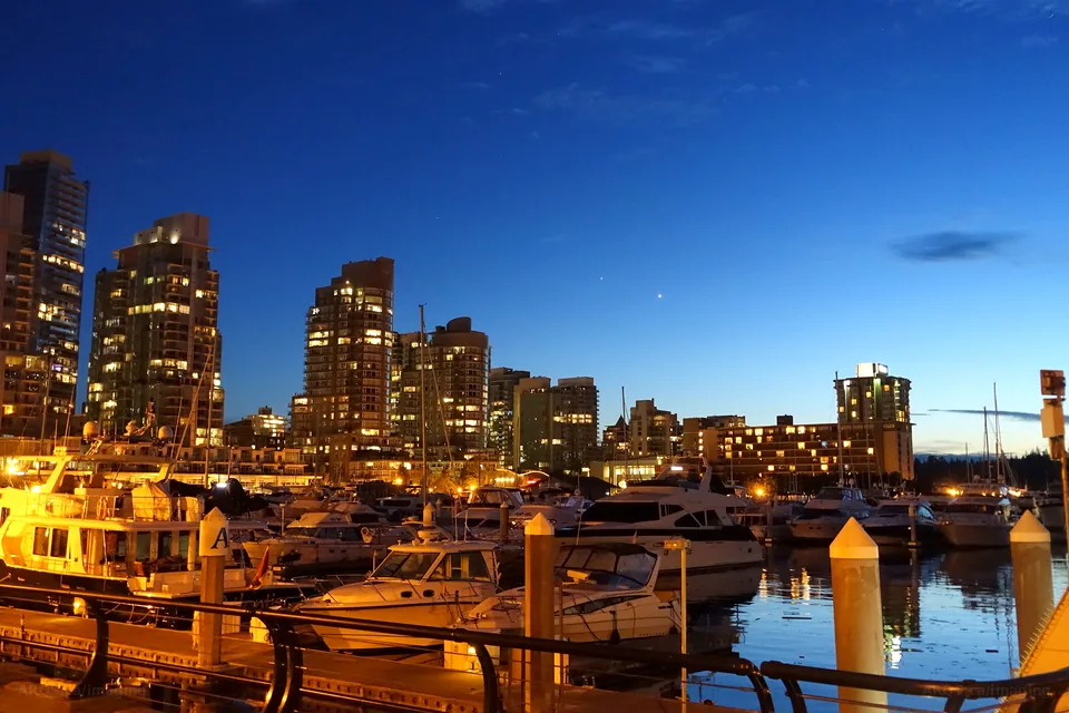 Evening light on the marina and downtown towers along Vancouver's Coal Harbour