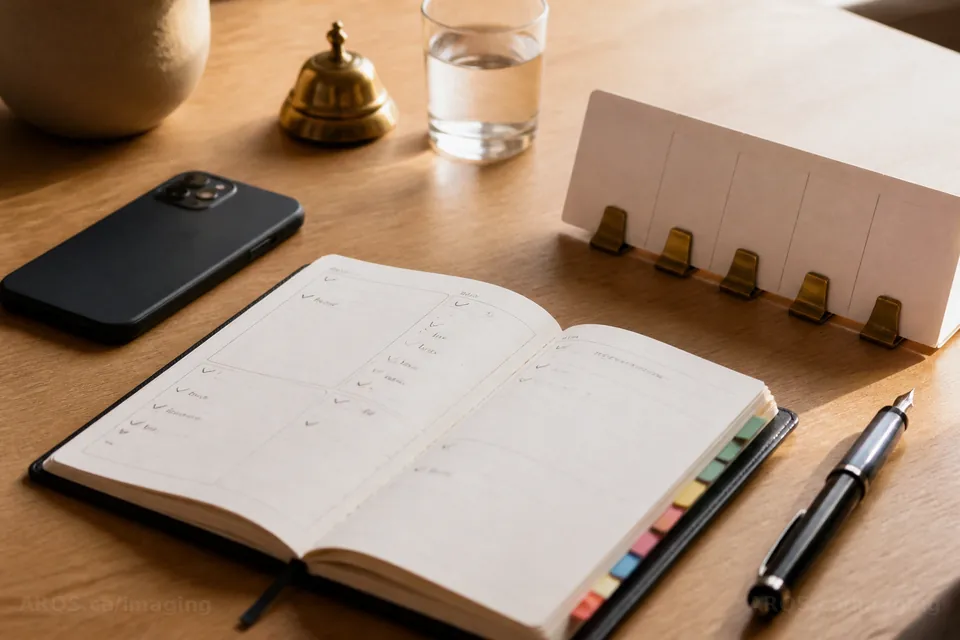 An open week planner with coloured tabs, blank index cards in brass clips, a phone lying face down, a fountain pen and a brass bell on a light oak desk in morning light