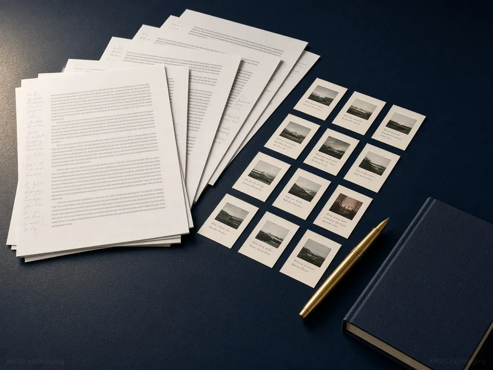 Manuscript pages with pencil notes, a grid of storyboard cards, a gold pen and a navy cloth book proof on a dark desk