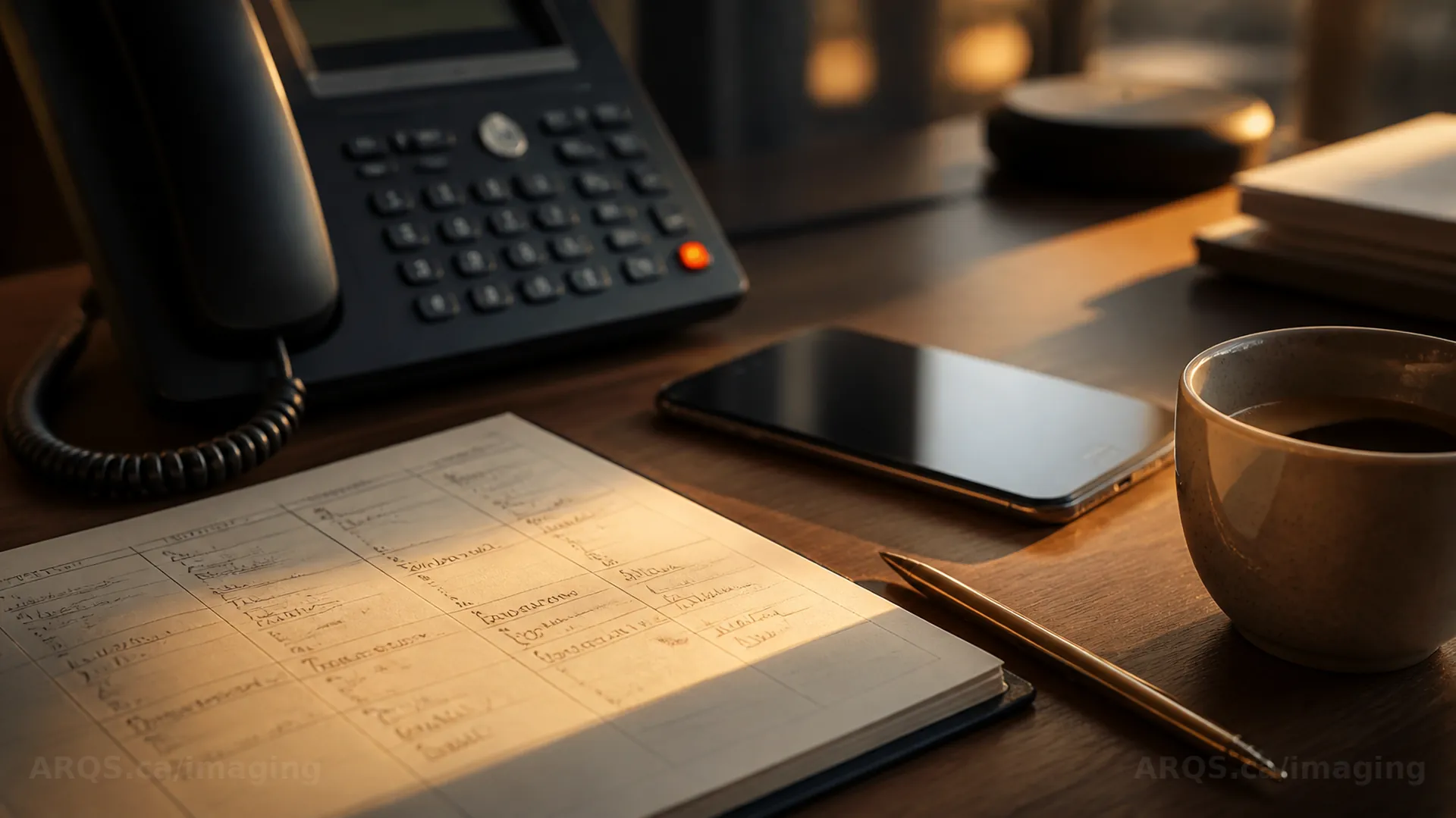 A desk phone, a smartphone, a pencilled weekly appointment book, a brass pen and a cup of coffee on a walnut desk in low golden sunlight