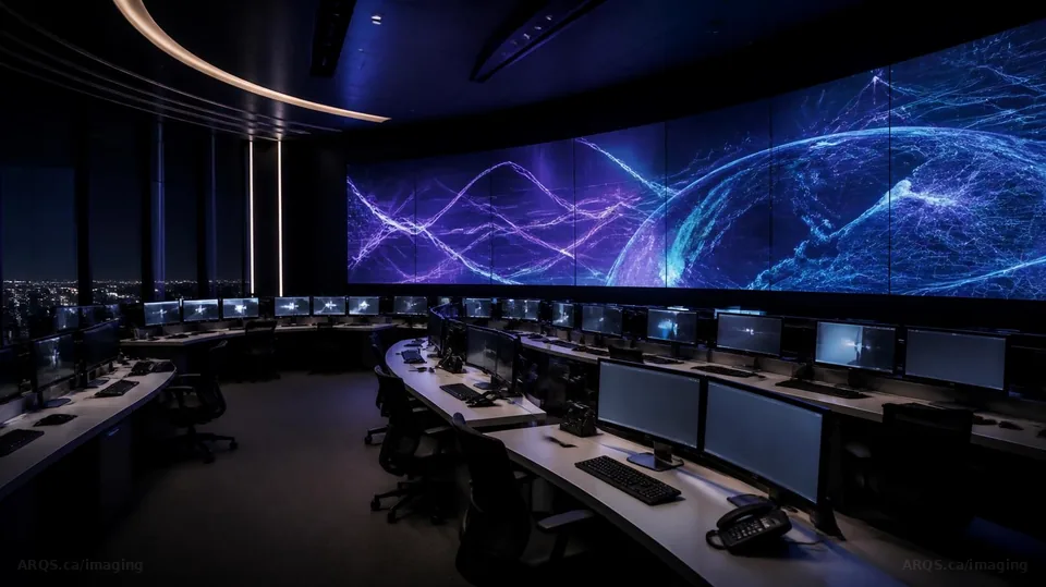 Empty mission control room with a curved wall of screens showing glowing charts