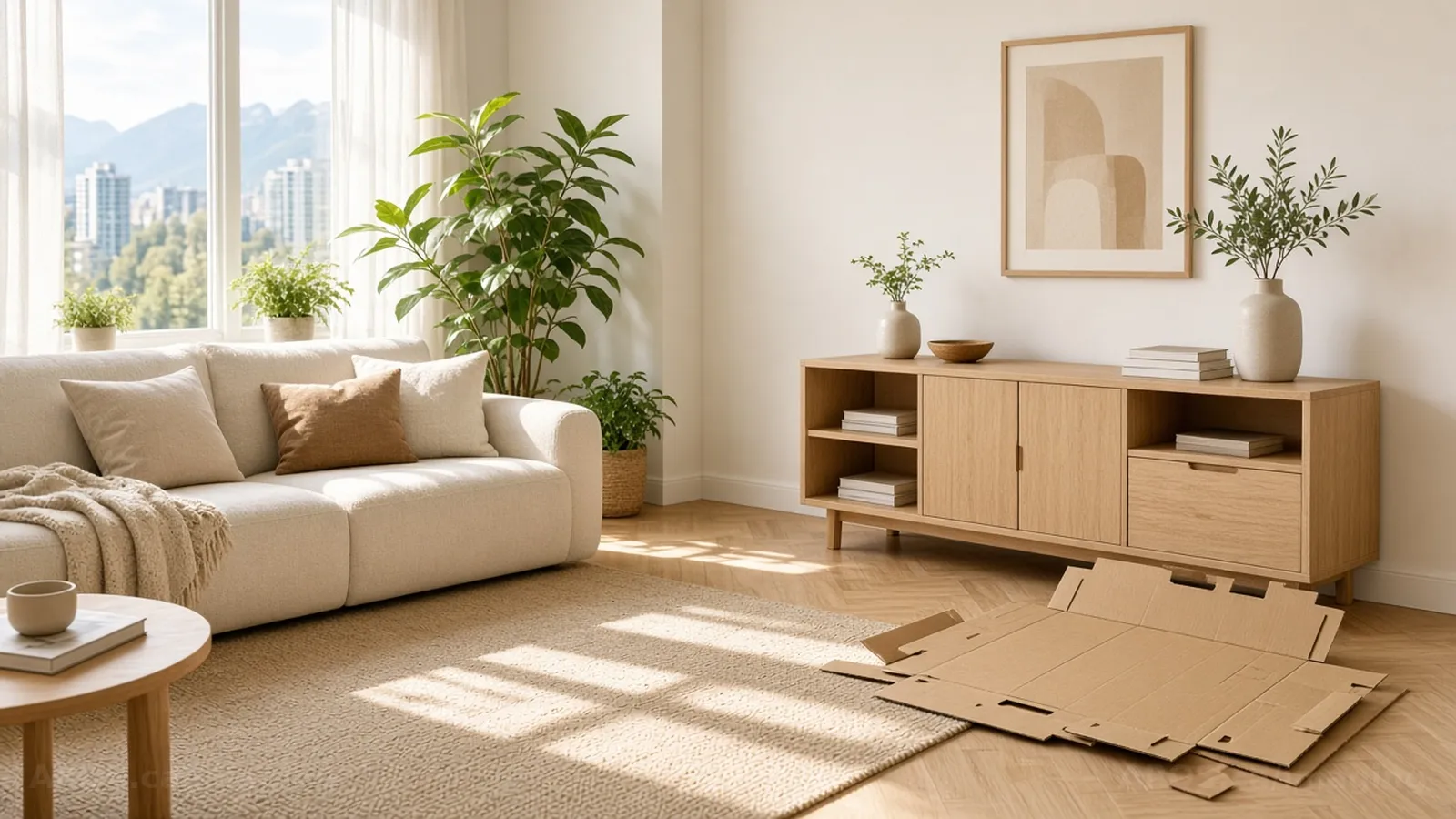 Sunlit Vancouver apartment with a newly assembled oak sideboard