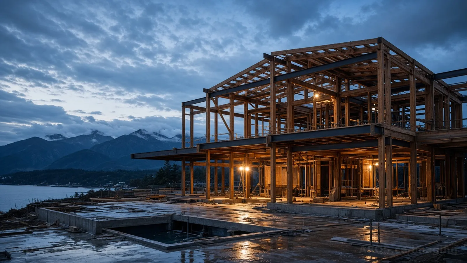 Timber-frame construction at golden hour