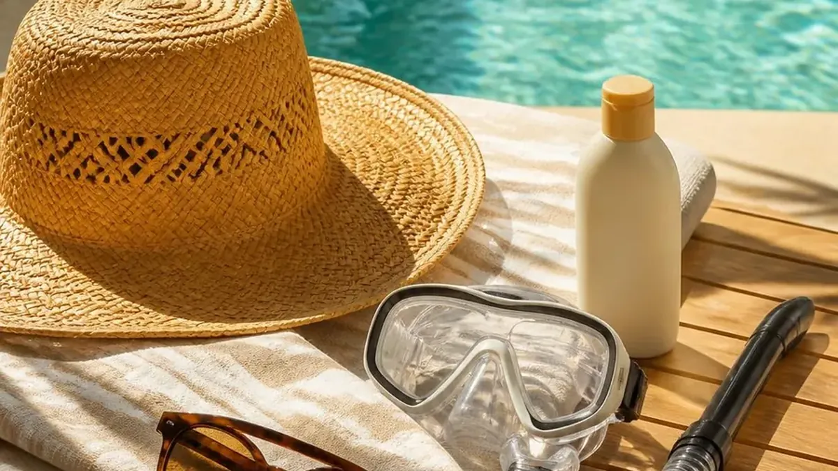 A poolside towel with a sun hat, swim goggles and unbranded lotion