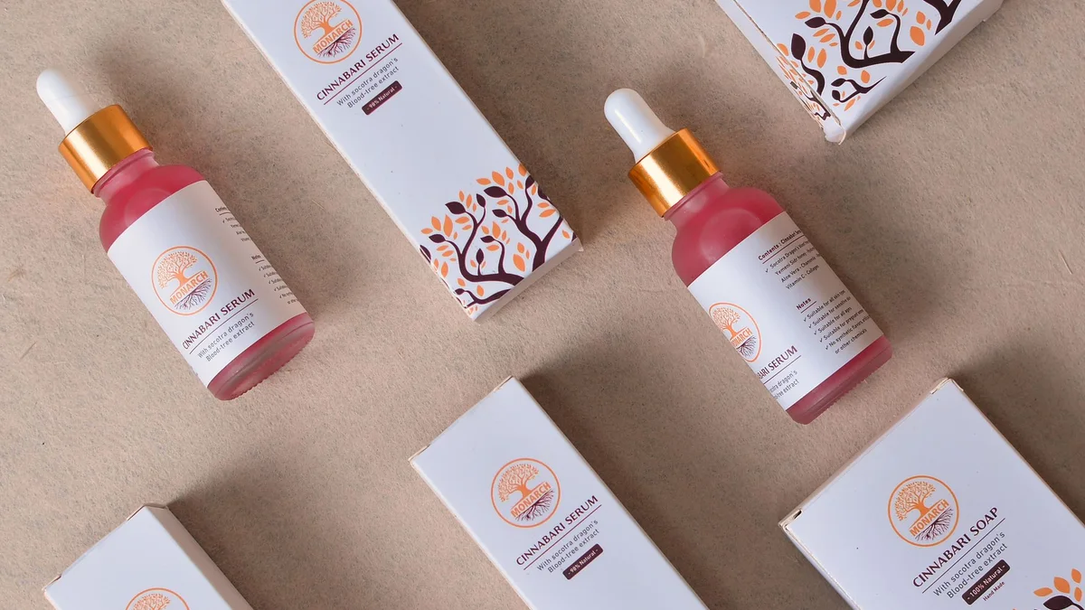 Shelves of unbranded salon products in warm light