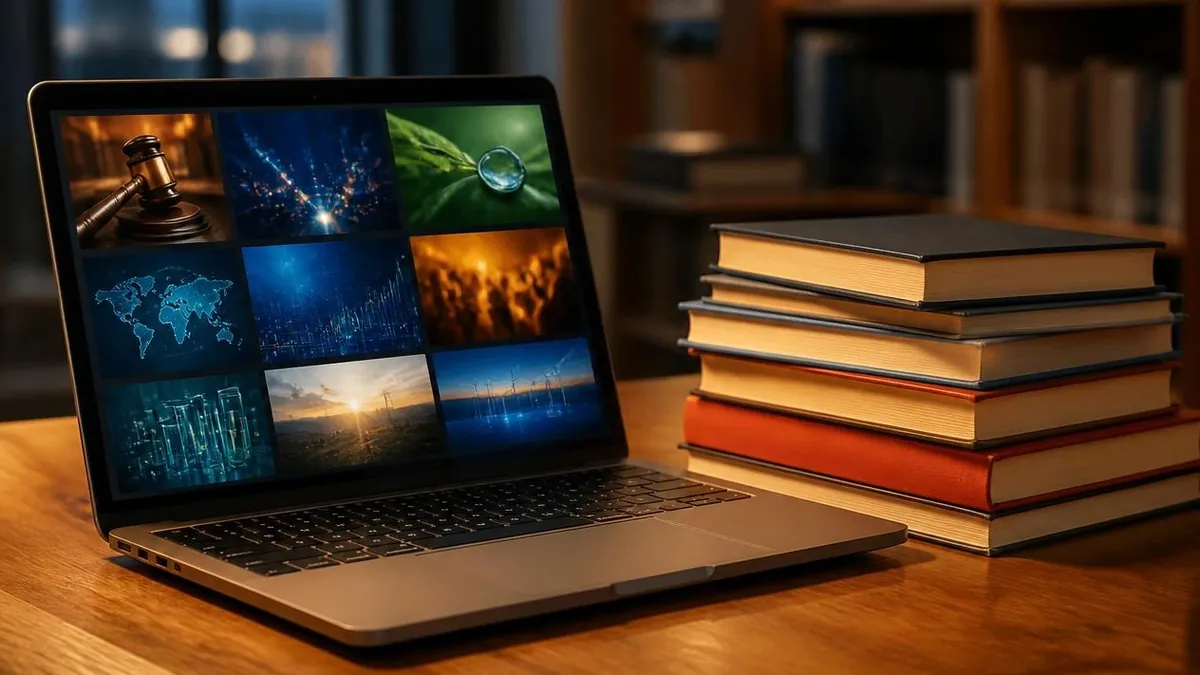 A laptop showing course tiles beside textbooks