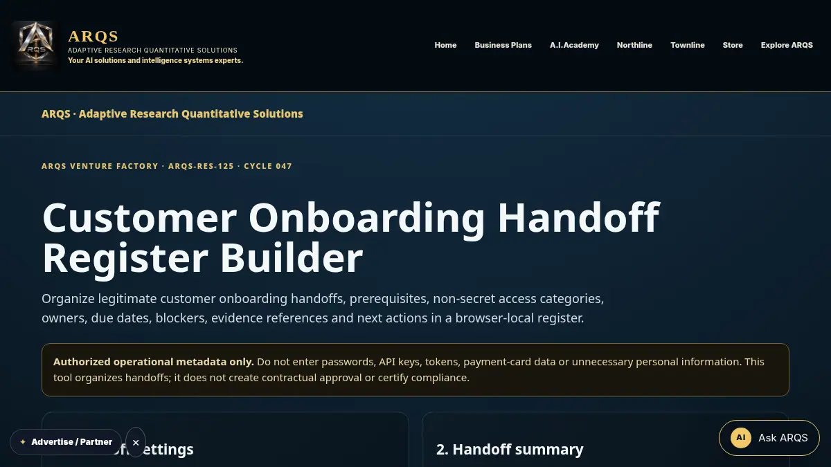 Customer Onboarding Handoff Register Builder on /customer-onboarding-handoff-register/