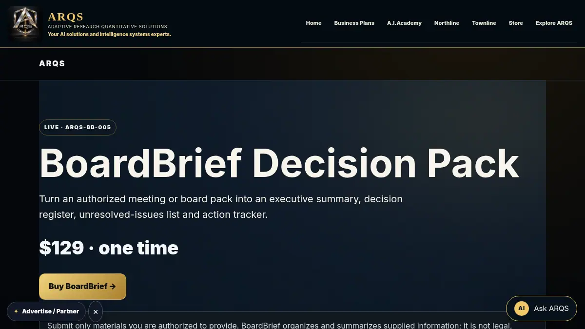 ARQS BoardBrief Decision Pack — $129 on /ventures/boardbrief/