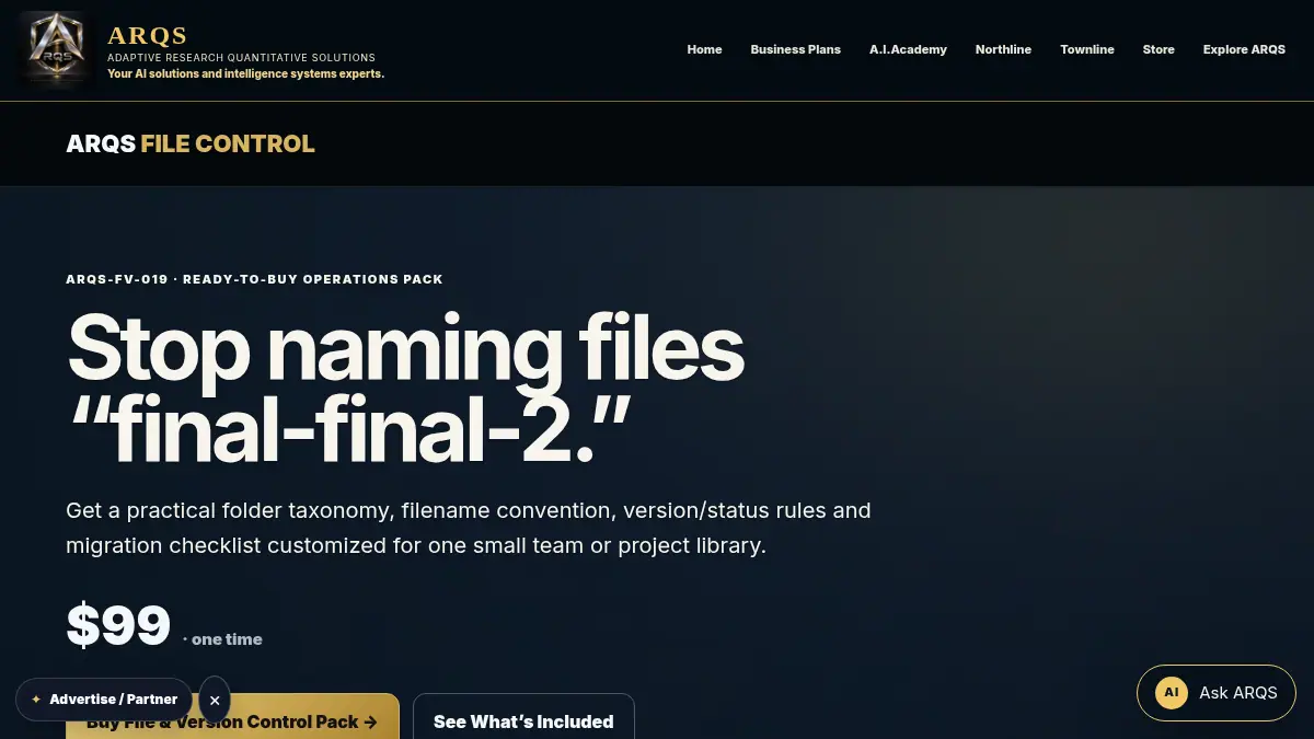 ARQS File & Version Control Pack — $99 on /ventures/file-version-pack/
