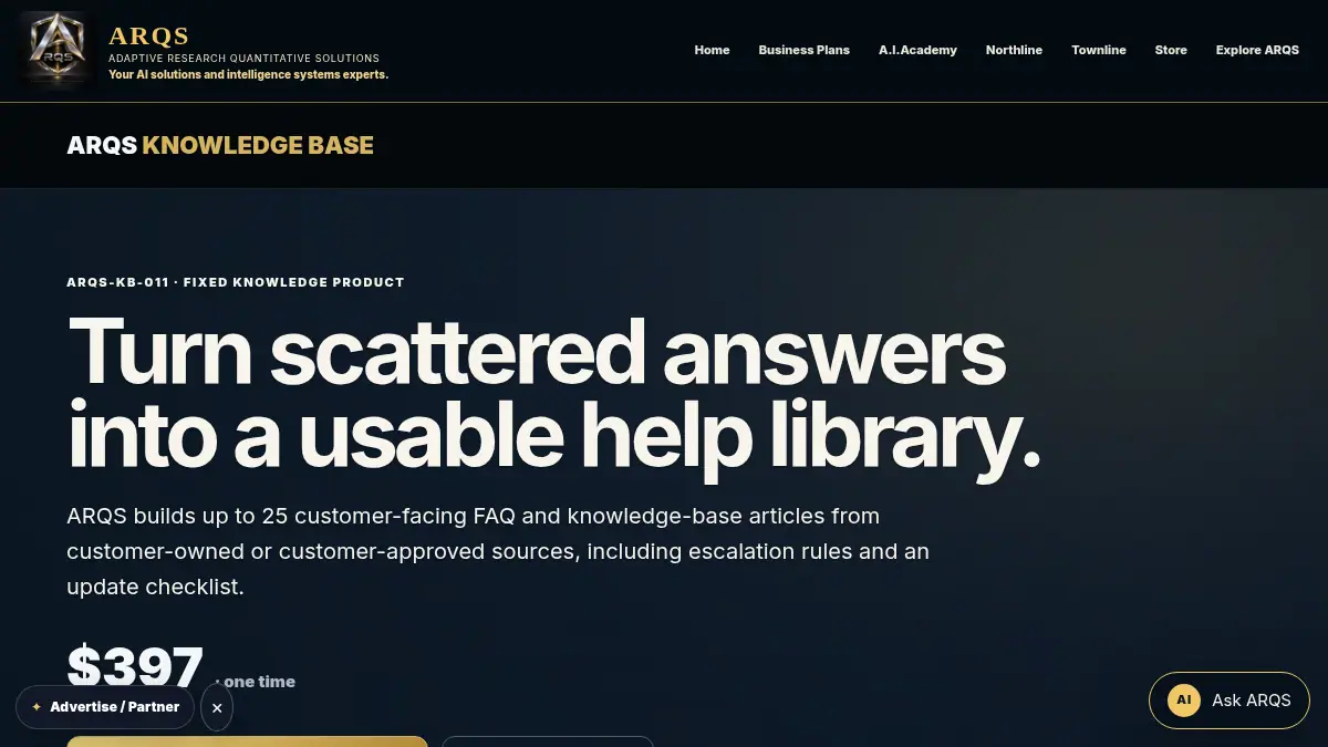 ARQS Knowledge Base Starter Pack — $397 on /ventures/knowledge-base/