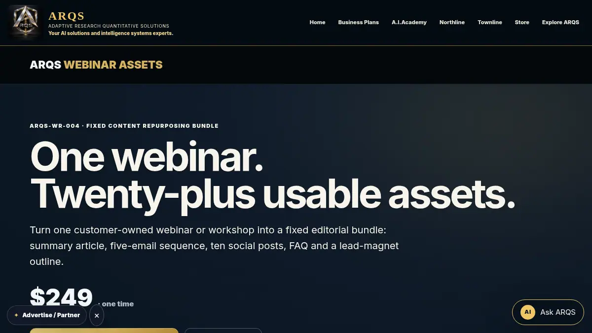 ARQS Webinar-to-Assets Studio — $249 on /ventures/webinar-assets/