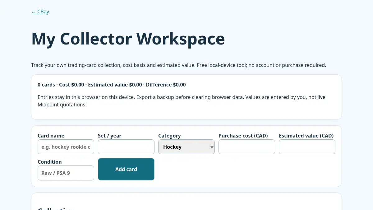 CBay Collector Workspace on /cbay/collector-workspace/