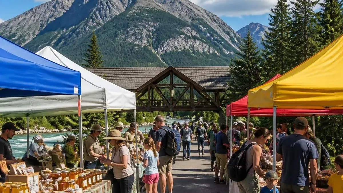 Visitors browsing a mountain-town farmers market under coloured tents
