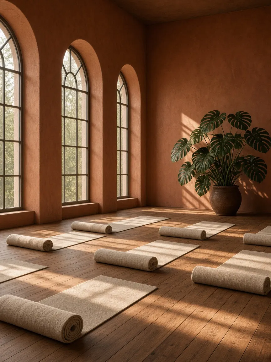 Warm clay-walled studio with arched windows and rolled linen mats