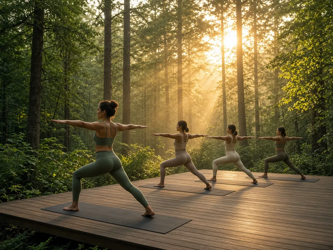 Small group in warrior pose on a forest deck at golden hour