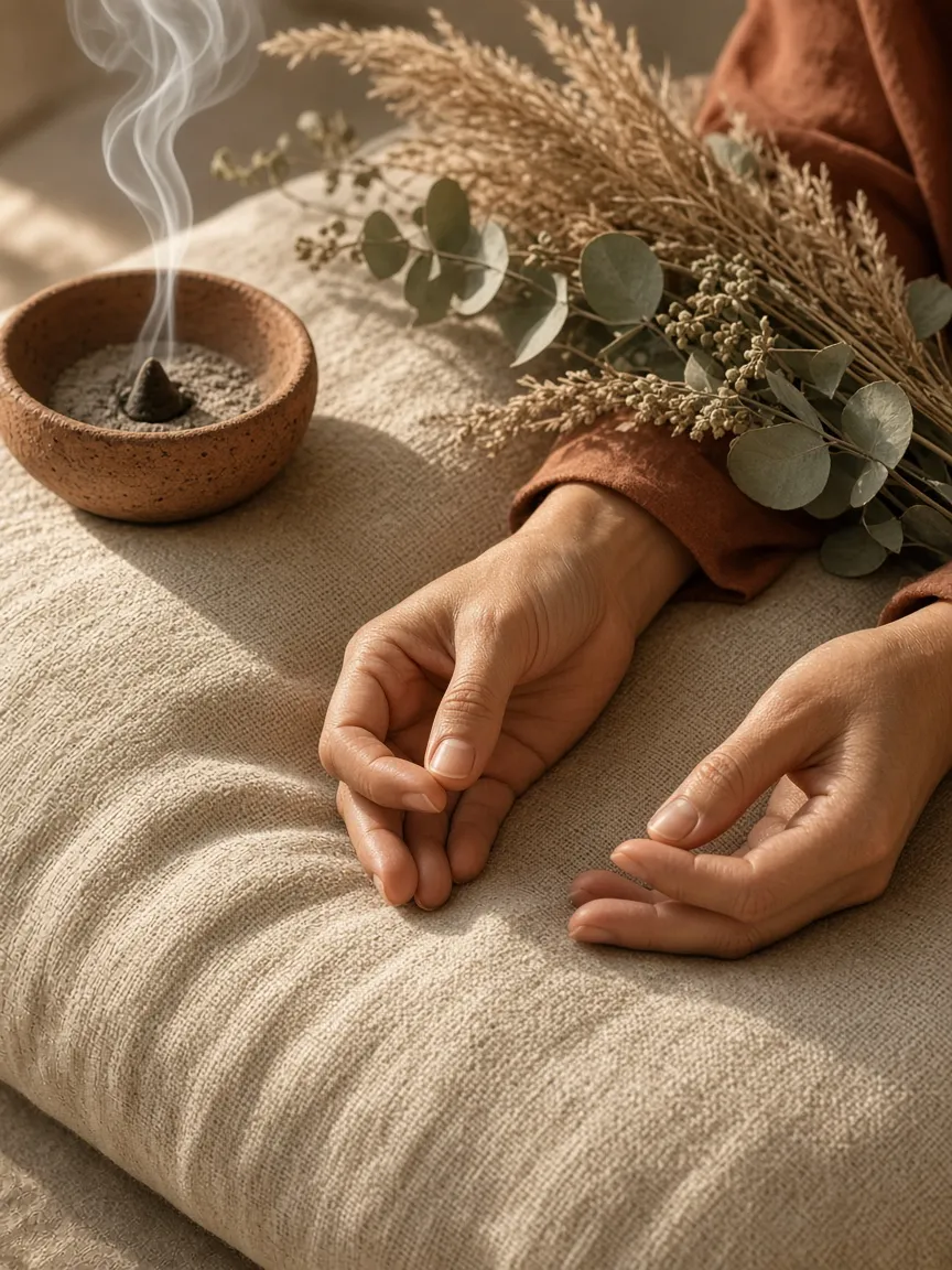 Hands resting in a mudra on a linen cushion beside a clay incense bowl