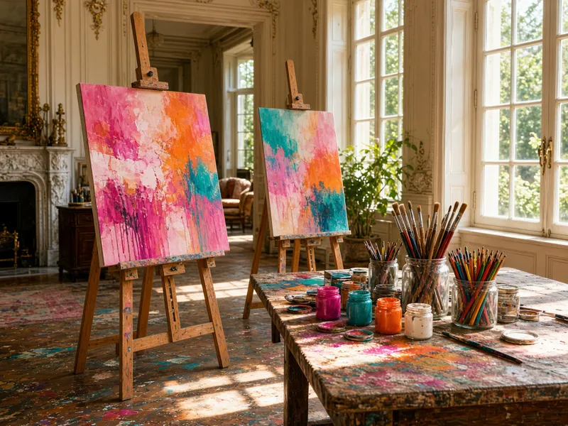 A bright art studio with easels, paint pots and crayons