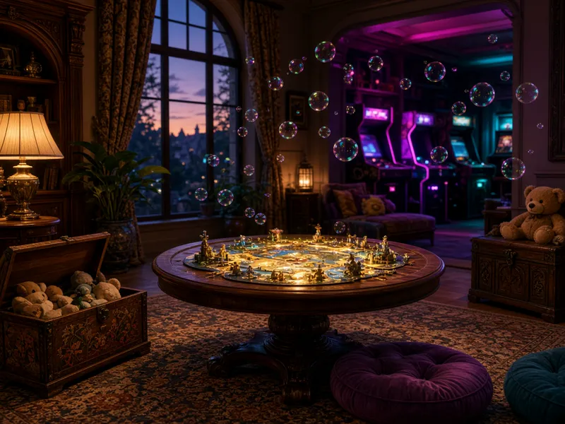 A cozy game room with toy chests, bubbles and a glowing board game
