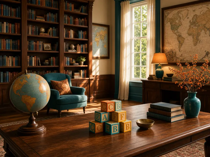 A library room with alphabet blocks, a globe and colourful speech bubbles