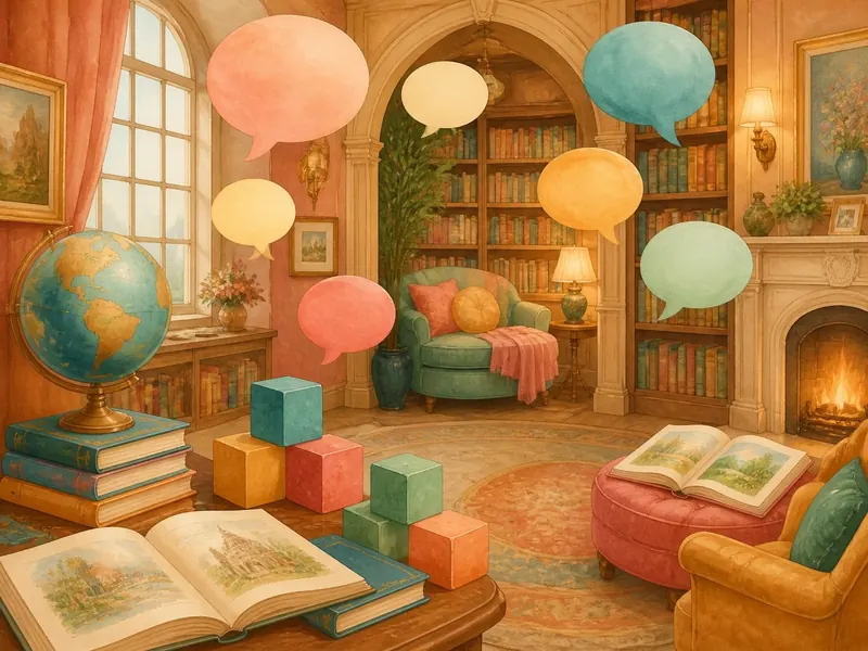 A bright language room with alphabet blocks and a globe
