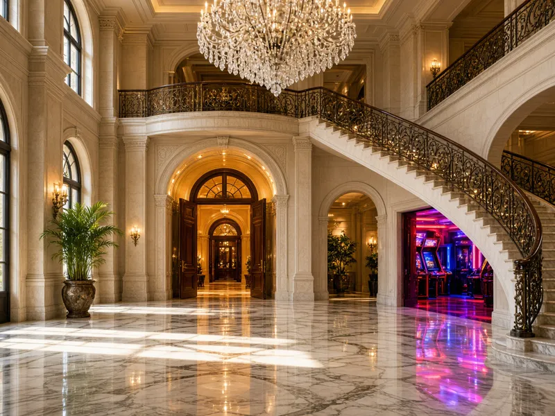 A sunlit mansion hall with arched doorways and a grand staircase