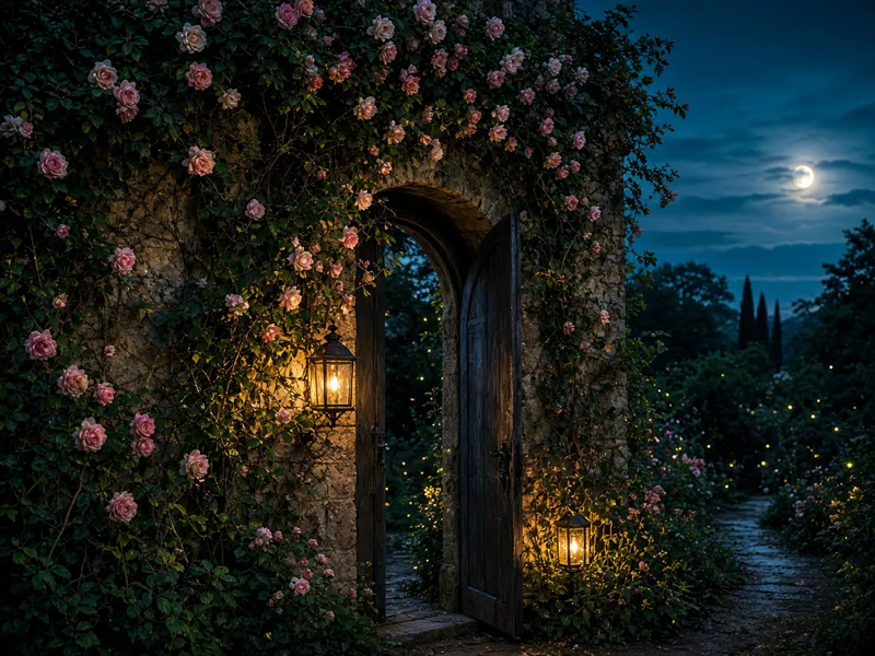 A hidden garden door covered in roses opening onto a moonlit garden