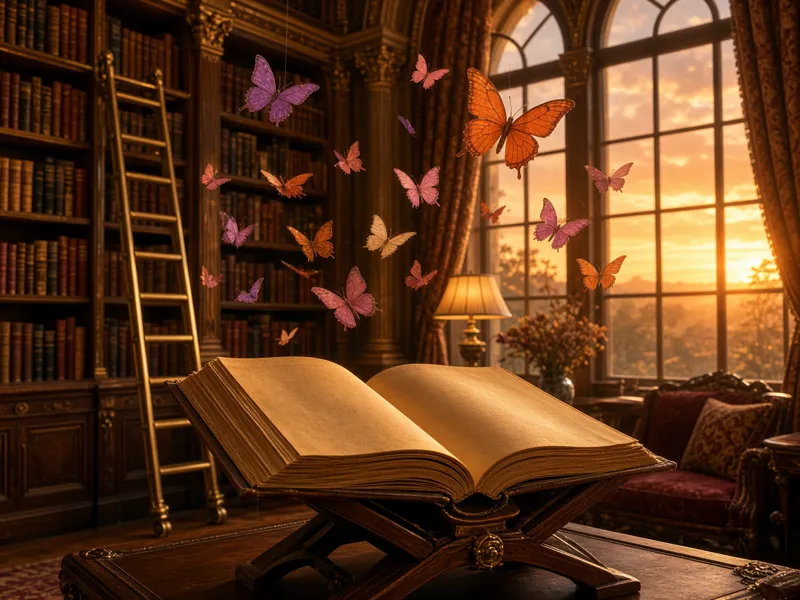 A storybook room with a giant open book and paper butterflies