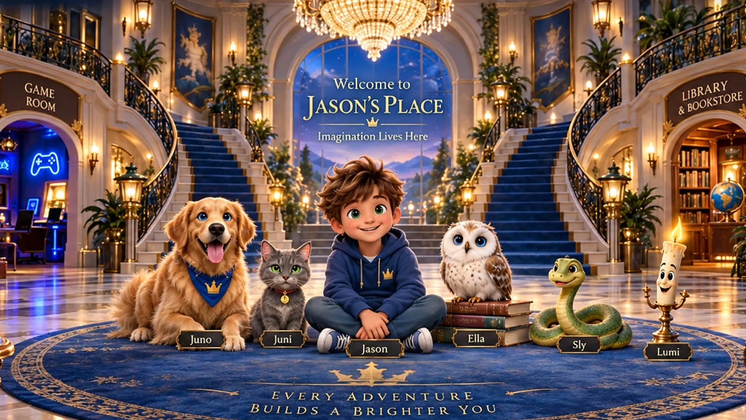The Jason's Place mansion foyer with Jace, Juno, Juni, Jake, Ella and Lumi