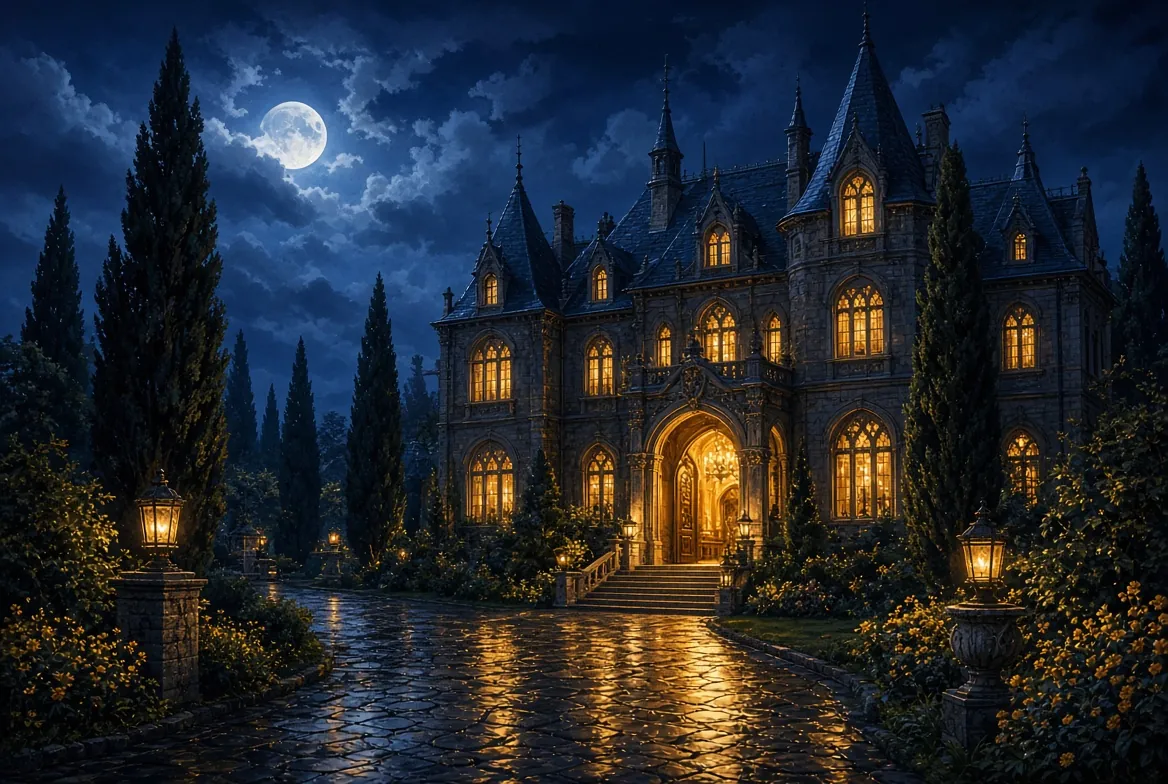 The Jason’s Place mansion lit up at night