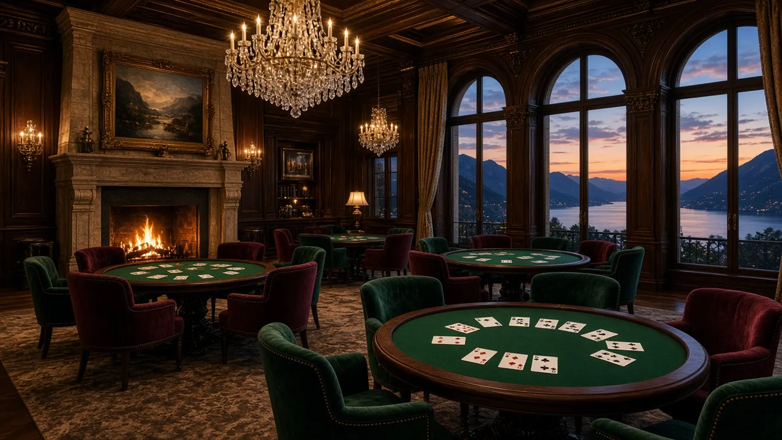 Wood-panelled card room with green felt tables and a crackling fireplace