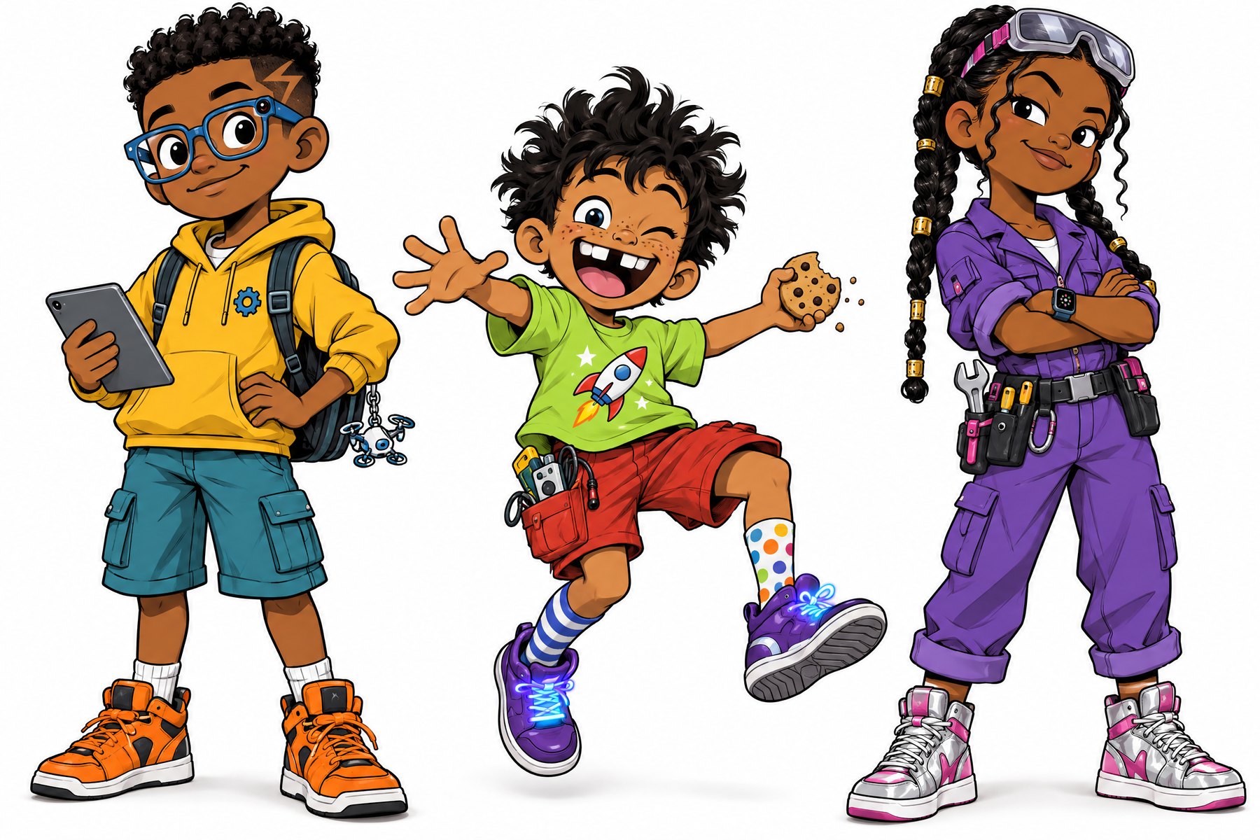 Character model sheet for Tray, Jay and Rae