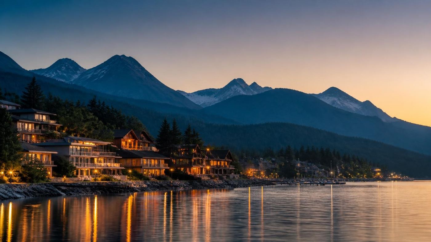 Waterfront homes and mountains at dusk.