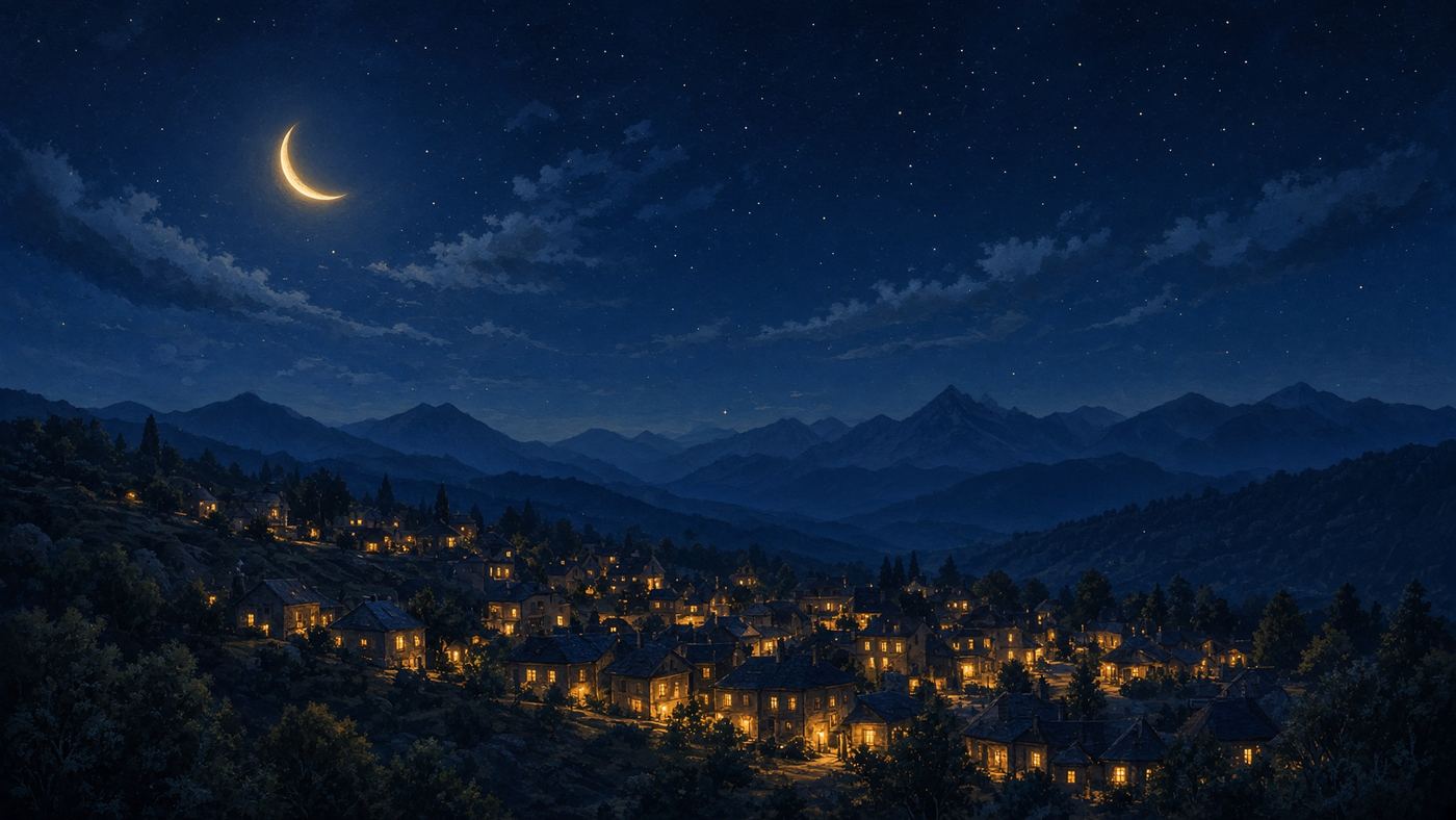 A mountain town under a crescent moon.