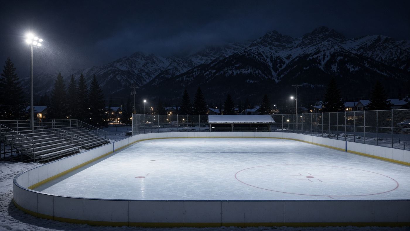 A lit outdoor rink with mountains behind it.