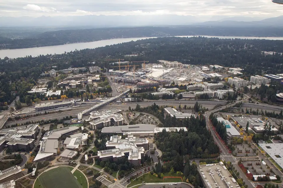 An aerial view of Microsoft's campus in Redmond, Washington