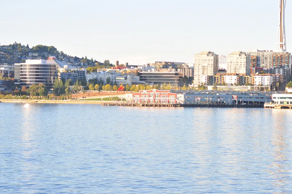 Pier 70 and the Olympic Sculpture Park seen from Elliott Bay in Seattle