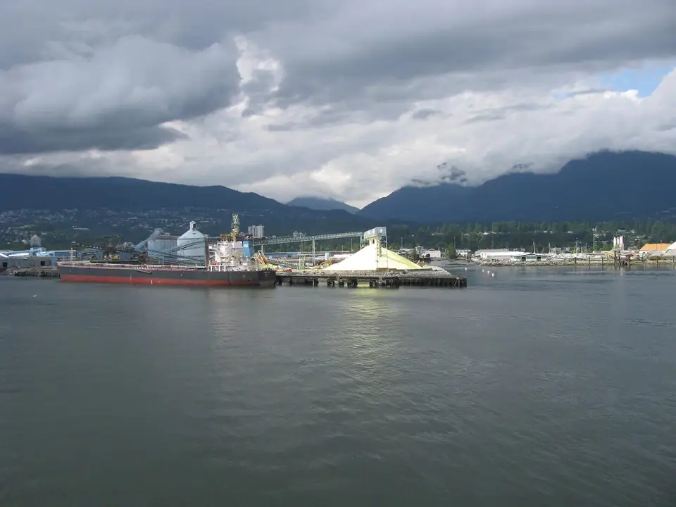 A ship loading at Vancouver Wharves in North Vancouver